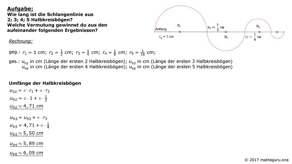 Aufgabe: Wie lang ist die Schlangenlinie aus 2; 3; 4; 5 Halbkreisbögen