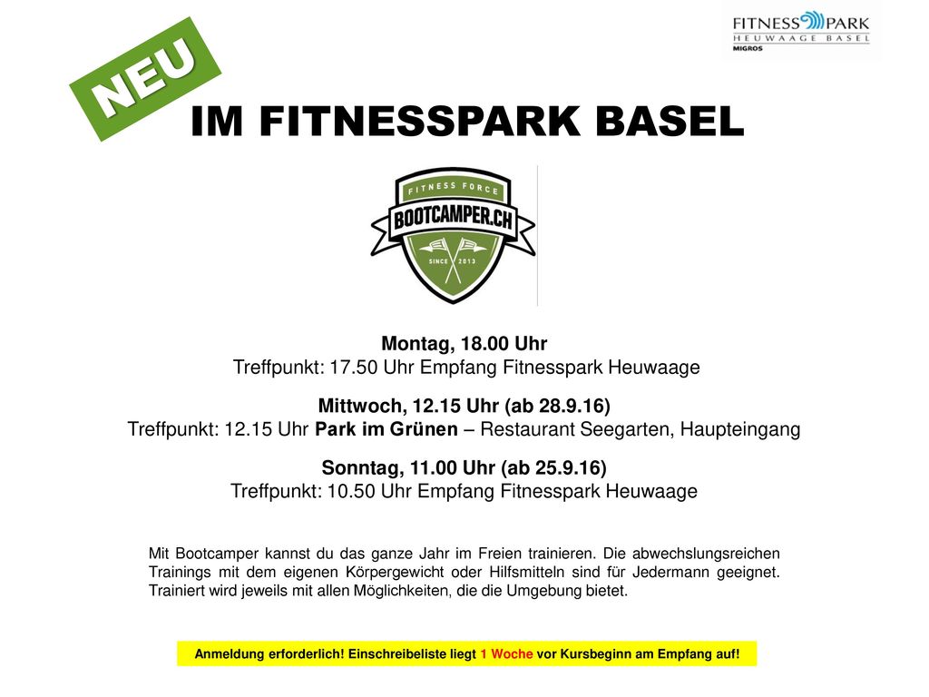 NEU IM FITNESSPARK BASEL Montag, Uhr