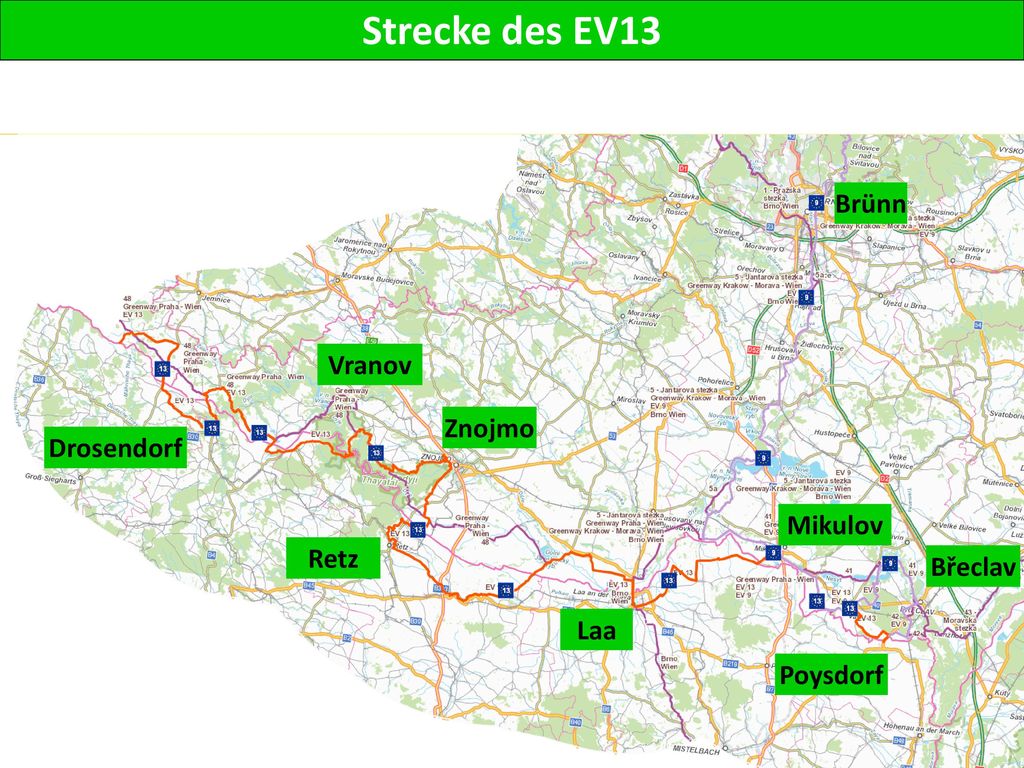 Strecke des EV13 Brünn Vranov Znojmo Drosendorf Mikulov Retz Břeclav