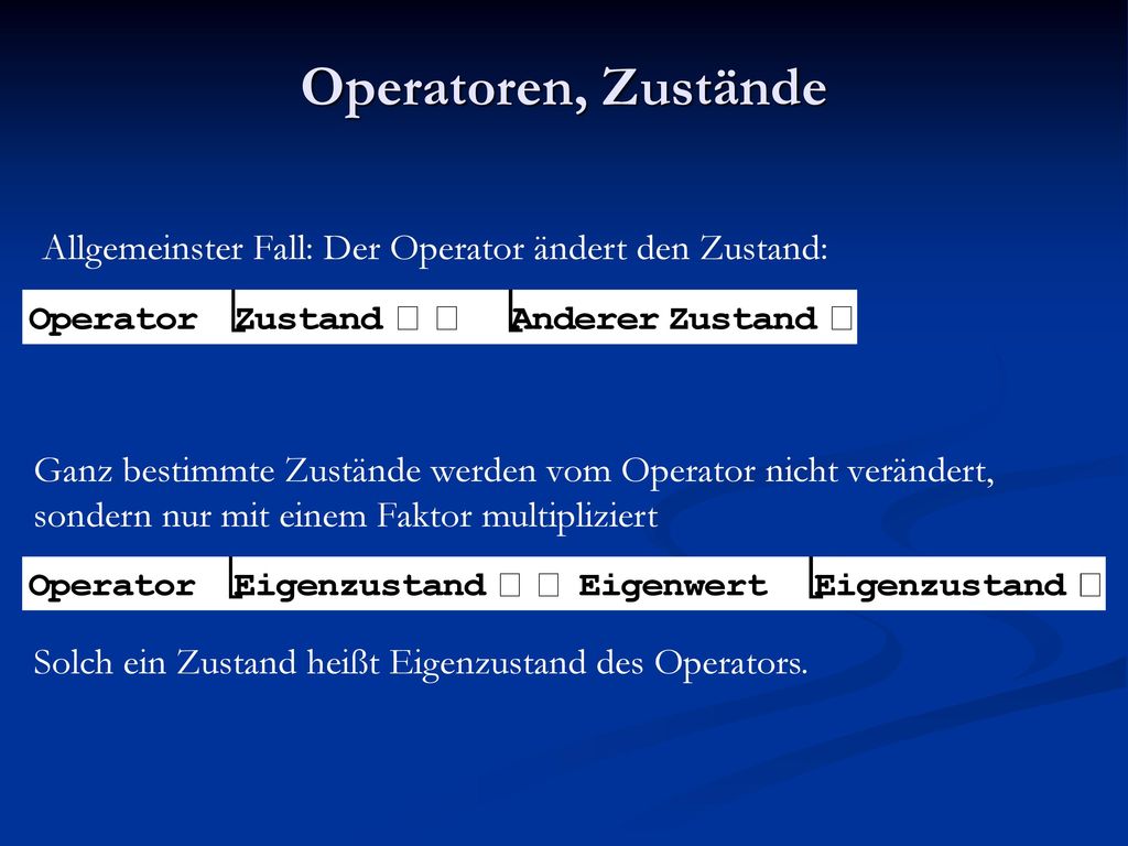 Operatoren, Zustände Allgemeinster Fall: Der Operator ändert den Zustand: Ganz bestimmte Zustände werden vom Operator nicht verändert,
