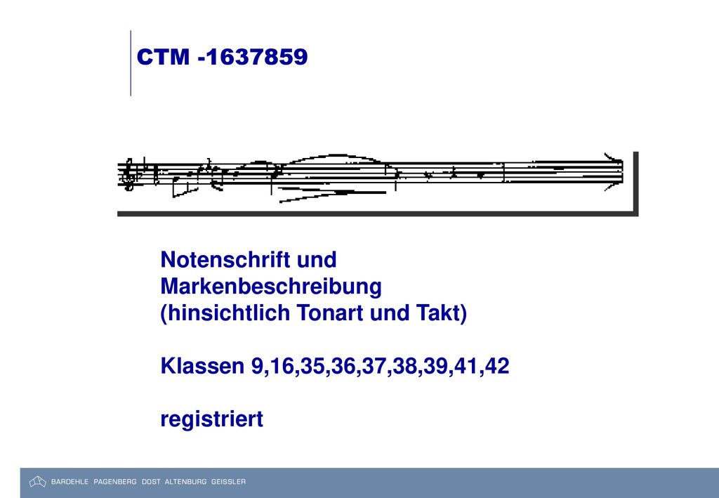 CTM Notenschrift und. Markenbeschreibung. (hinsichtlich Tonart und Takt) Klassen 9,16,35,36,37,38,39,41,42.