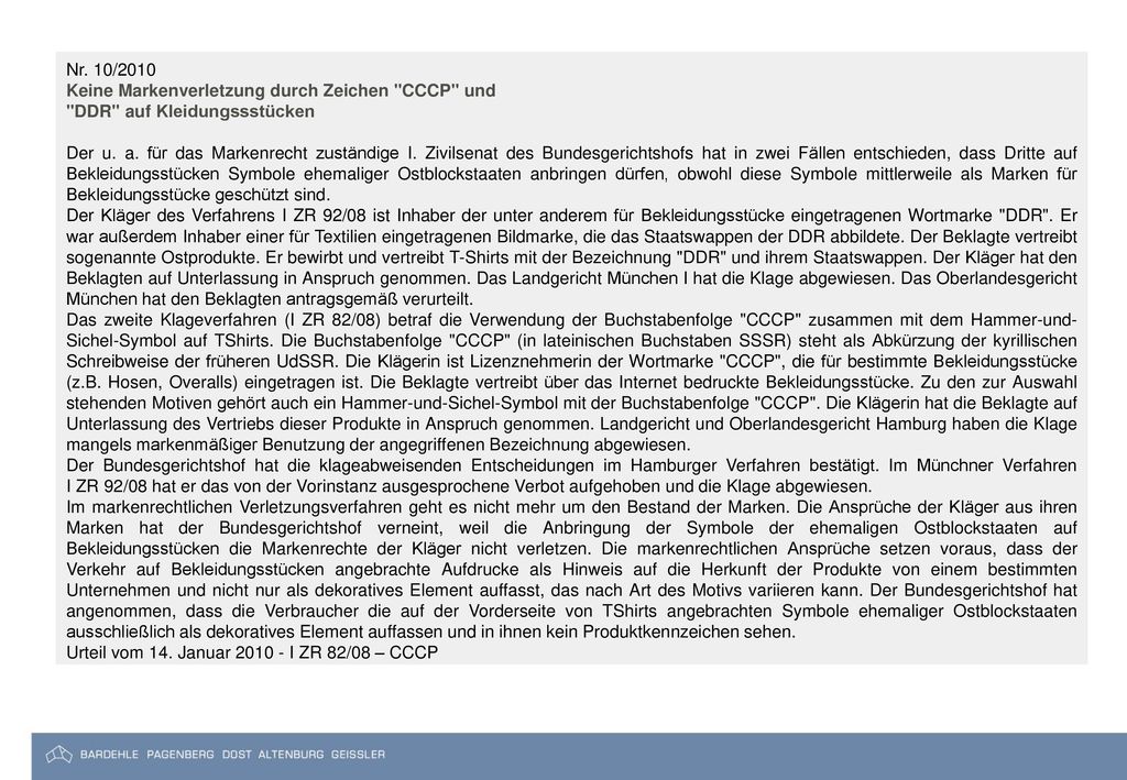 Nr. 10/2010 Keine Markenverletzung durch Zeichen CCCP und. DDR auf Kleidungssstücken.