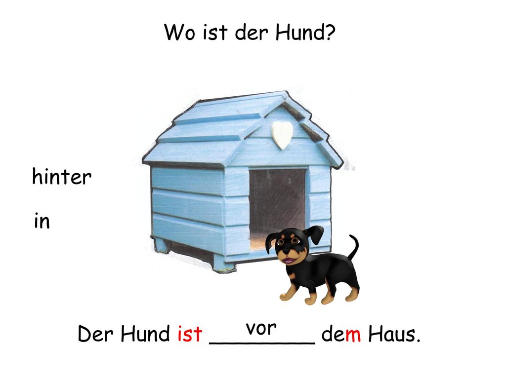 Wo ist der Hund hinter in vor Der Hund ist ________ dem Haus.