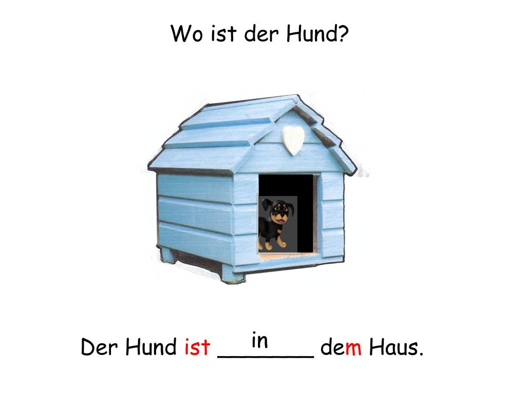 Wo ist der Hund in Der Hund ist _______ dem Haus.