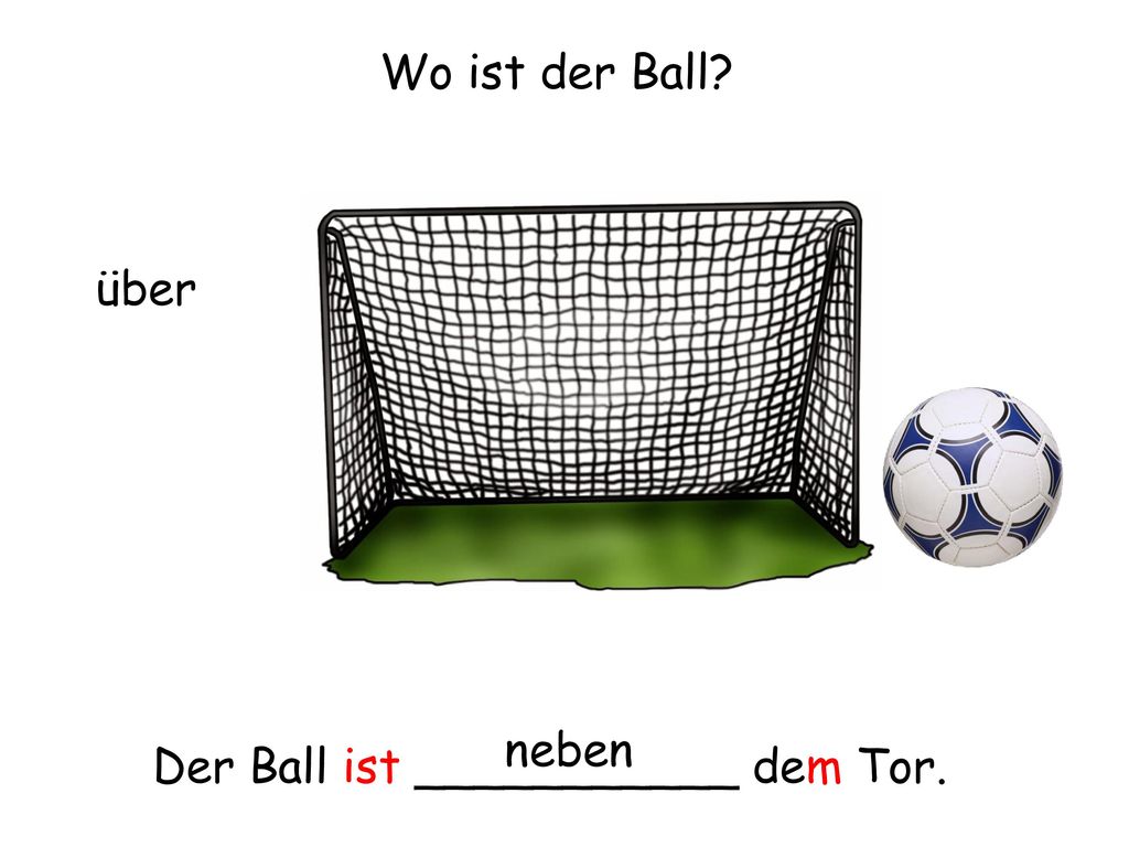 Wo ist der Ball über neben Der Ball ist ___________ dem Tor.