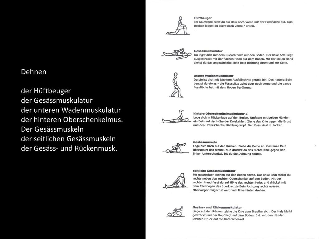 Dehnen der Hüftbeuger der Gesässmuskulatur der unteren Wadenmuskulatur der hinteren Oberschenkelmus.