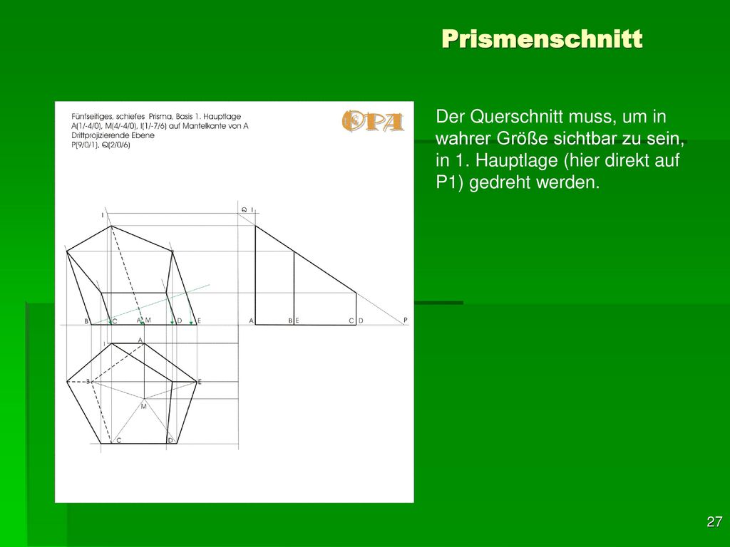 Prismenschnitt Der Querschnitt muss, um in wahrer Größe sichtbar zu sein, in 1.