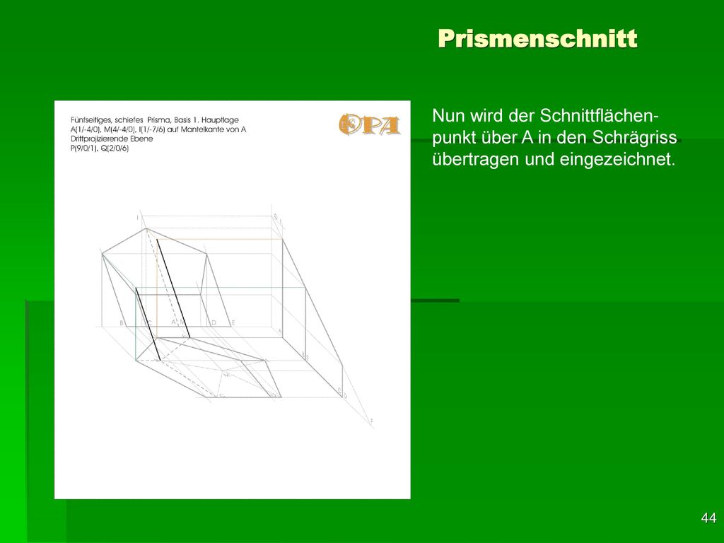 Prismenschnitt Nun wird der Schnittflächen-punkt über A in den Schrägriss übertragen und eingezeichnet.