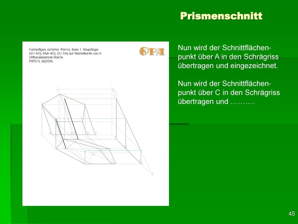 Prismenschnitt Nun wird der Schnittflächen-punkt über A in den Schrägriss übertragen und eingezeichnet.