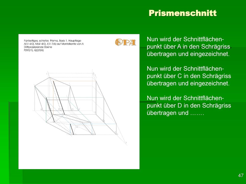 Prismenschnitt Nun wird der Schnittflächen-punkt über A in den Schrägriss übertragen und eingezeichnet.