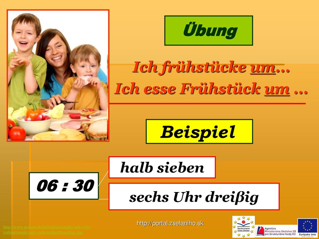 Beispiel Übung 06 : 30 Ich frühstücke um... Ich esse Frühstück um ...