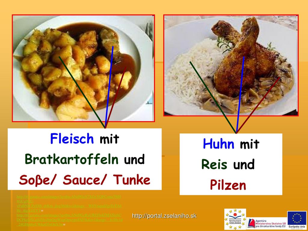 Fleisch mit Huhn mit Bratkartoffeln und Reis und Soβe/ Sauce/ Tunke