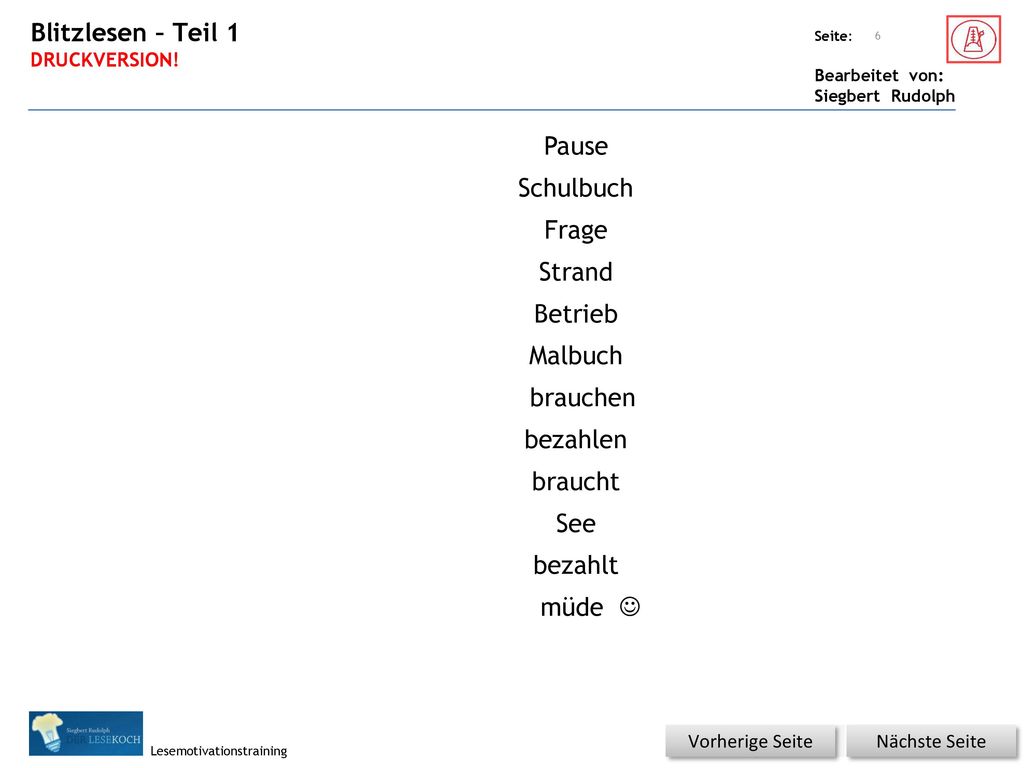 Blitzlesen – Teil 1 Pause Schulbuch Frage Strand Betrieb Malbuch