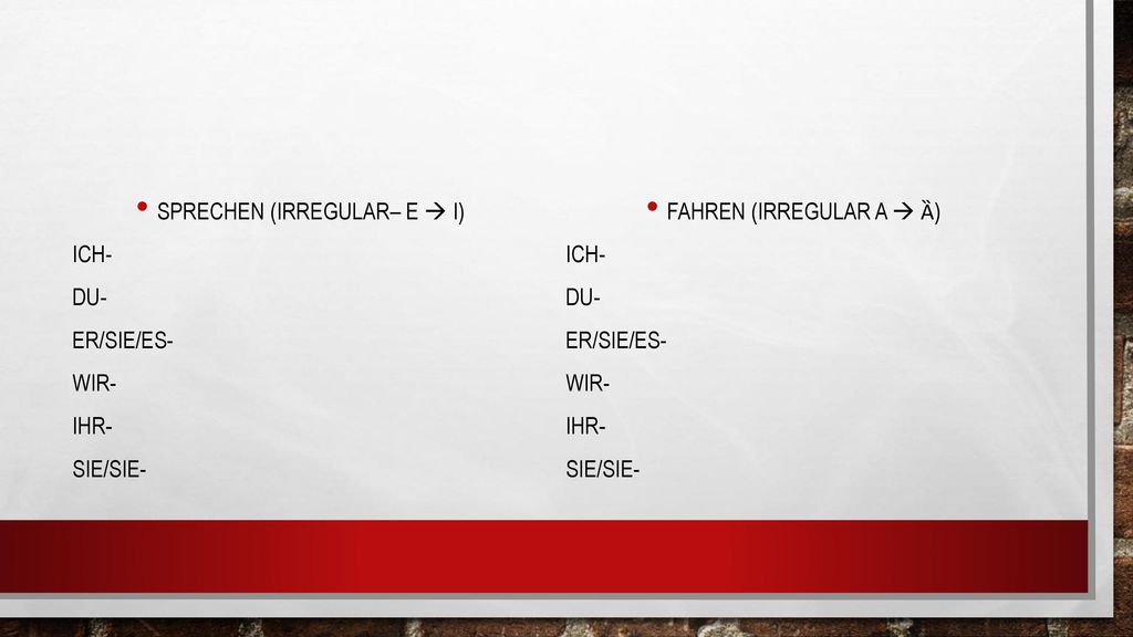 Sprechen (irregular– e  i) Ich- Du- Er/sie/es- Wir- Ihr- Sie/sie-