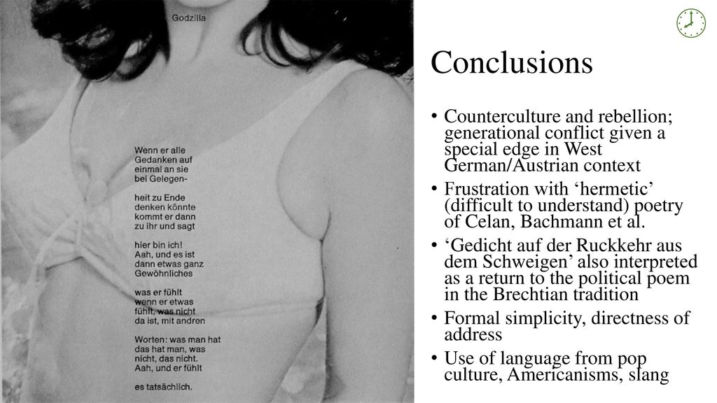  Conclusions. Counterculture and rebellion; generational conflict given a special edge in West German/Austrian context.