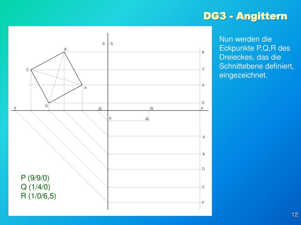 DG3 - Angittern Nun werden die Eckpunkte P,Q,R des Dreieckes, das die Schnittebene definiert, eingezeichnet.