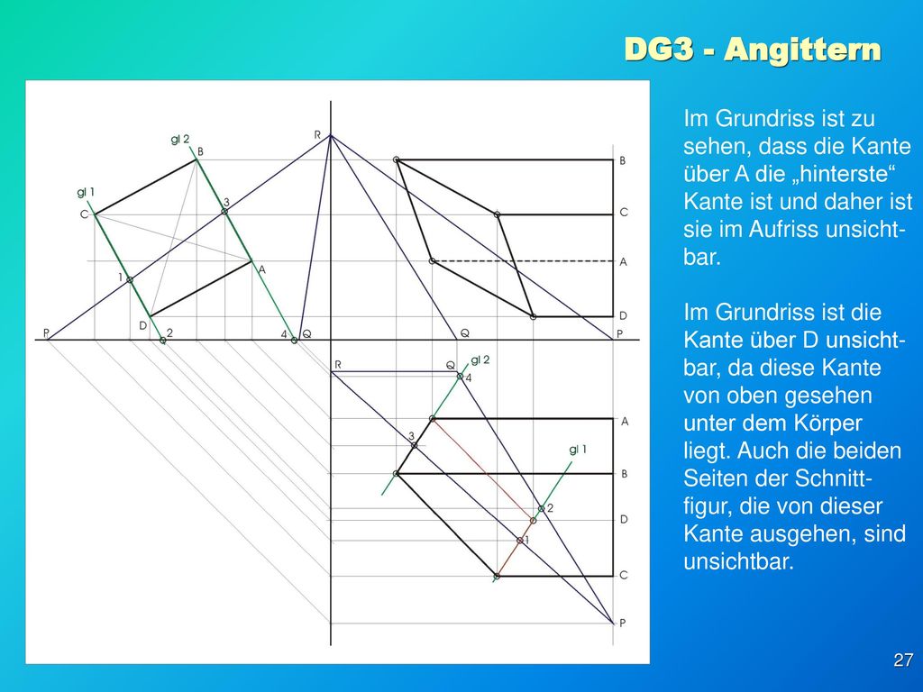 DG3 - Angittern Im Grundriss ist zu sehen, dass die Kante über A die „hinterste Kante ist und daher ist sie im Aufriss unsicht-bar.