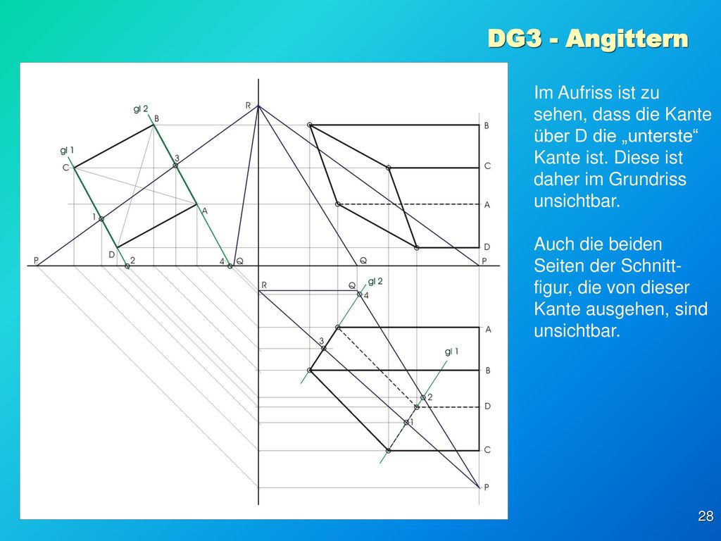 DG3 - Angittern Im Aufriss ist zu sehen, dass die Kante über D die „unterste Kante ist. Diese ist daher im Grundriss unsichtbar.