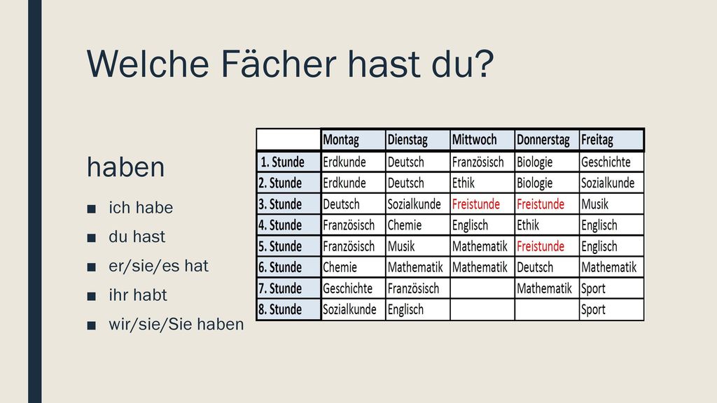 Welche Fächer hast du haben ich habe du hast er/sie/es hat ihr habt