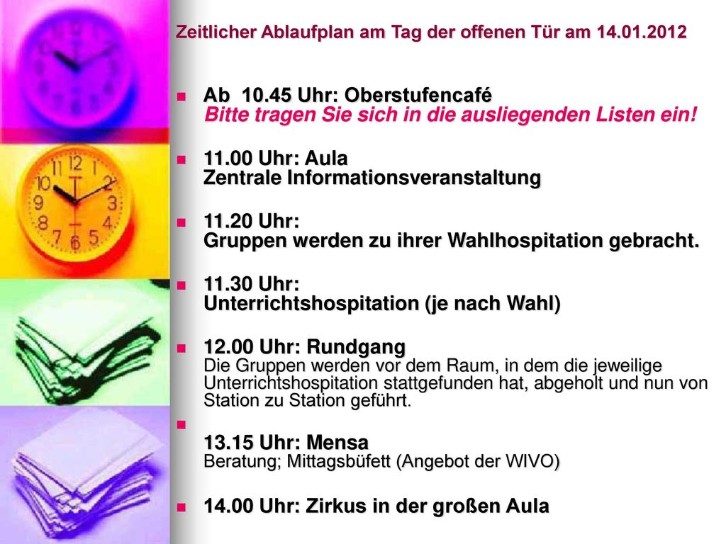 Zeitlicher Ablaufplan am Tag der offenen Tür am