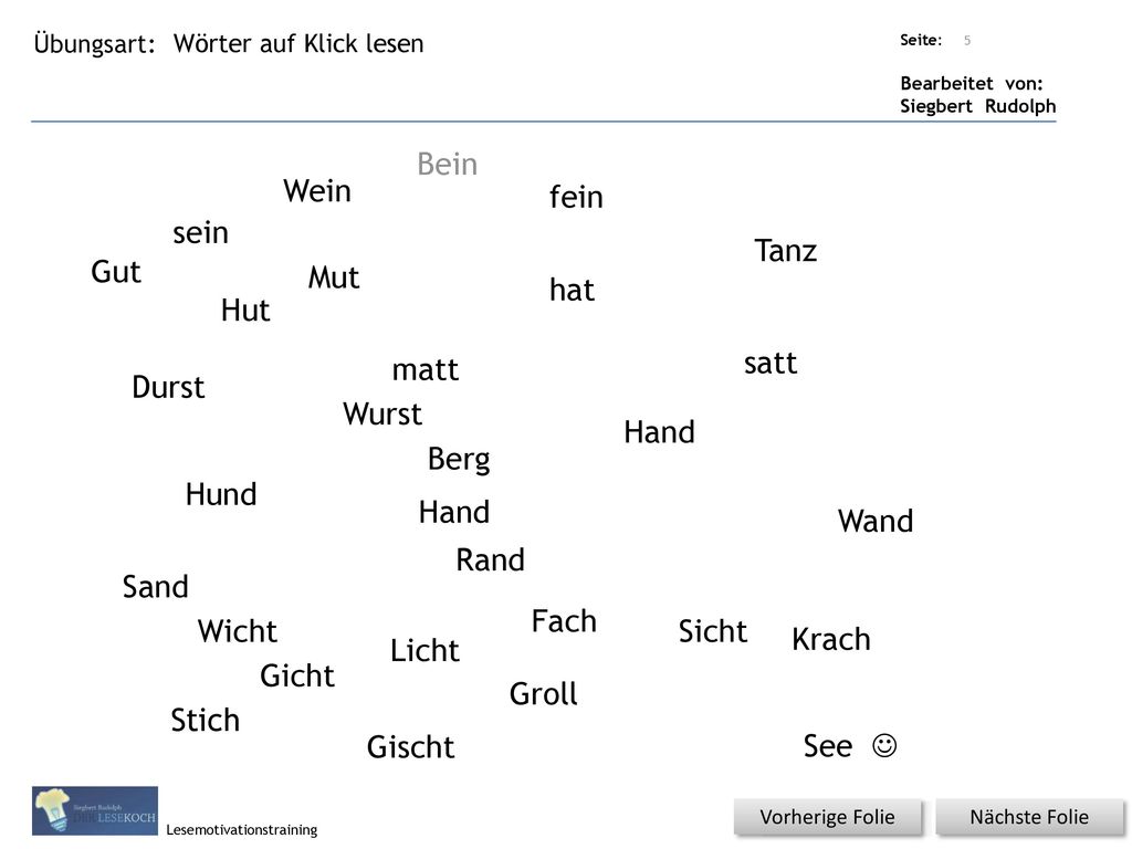 Bein Wein fein sein Tanz Gut Mut hat Hut satt matt Durst Wurst Hand