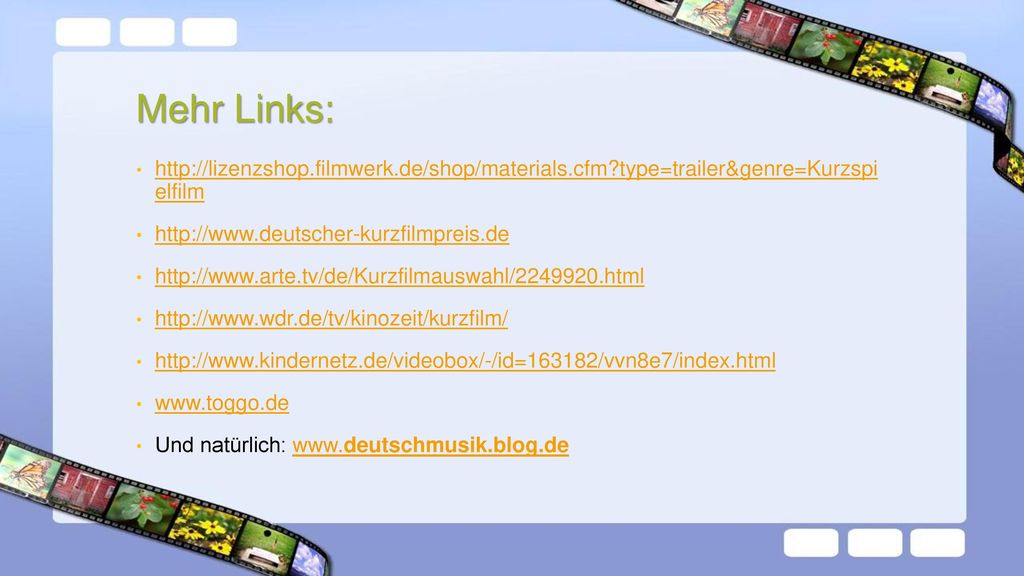 Mehr Links:   type=trailer&genre=Kurzspi elfilm.