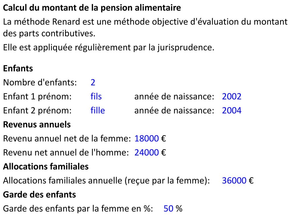Calcul du montant de la pension alimentaire La méthode Renard est une méthode objective d évaluation du montant des parts contributives.