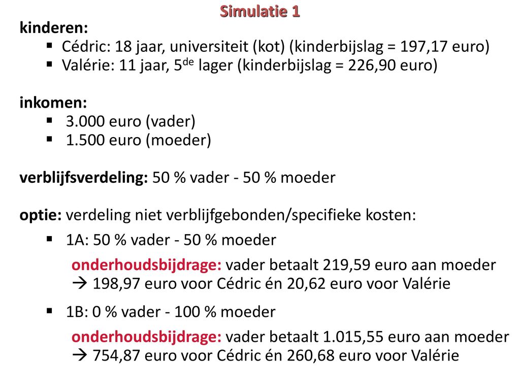 Simulatie 1 kinderen: Cédric: 18 jaar, universiteit (kot) (kinderbijslag = 197,17 euro) Valérie: 11 jaar, 5de lager (kinderbijslag = 226,90 euro)