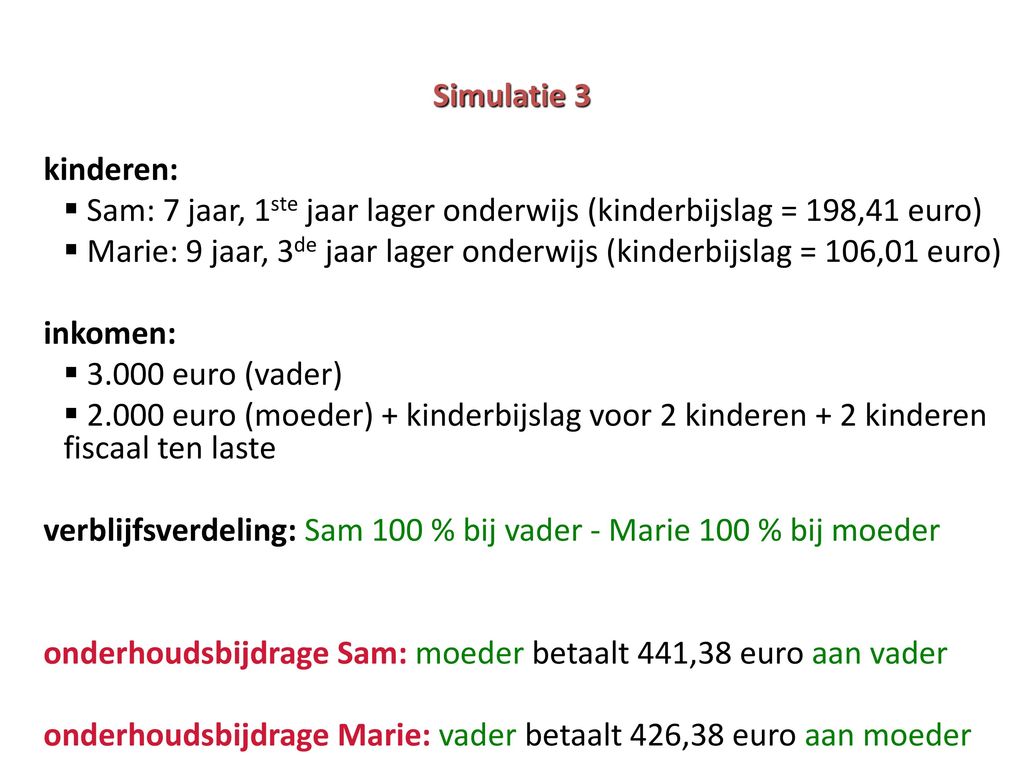 Simulatie 3 kinderen: Sam: 7 jaar, 1ste jaar lager onderwijs (kinderbijslag = 198,41 euro)