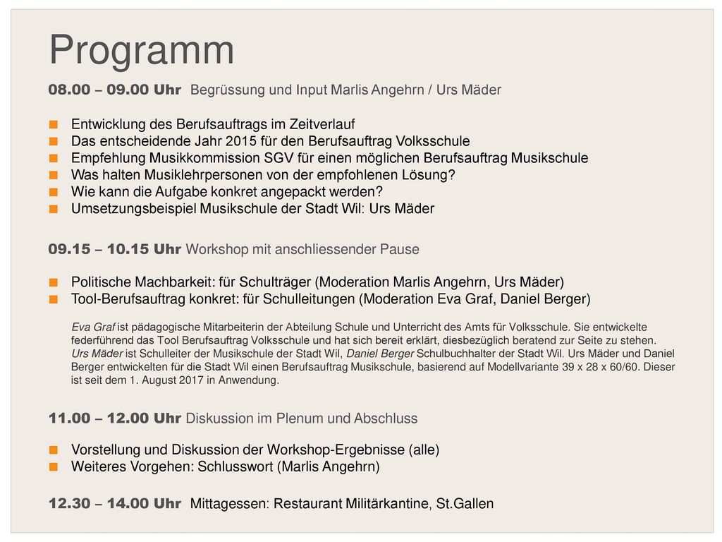 Programm – Uhr Begrüssung und Input Marlis Angehrn / Urs Mäder.   Entwicklung des Berufsauftrags im Zeitverlauf.