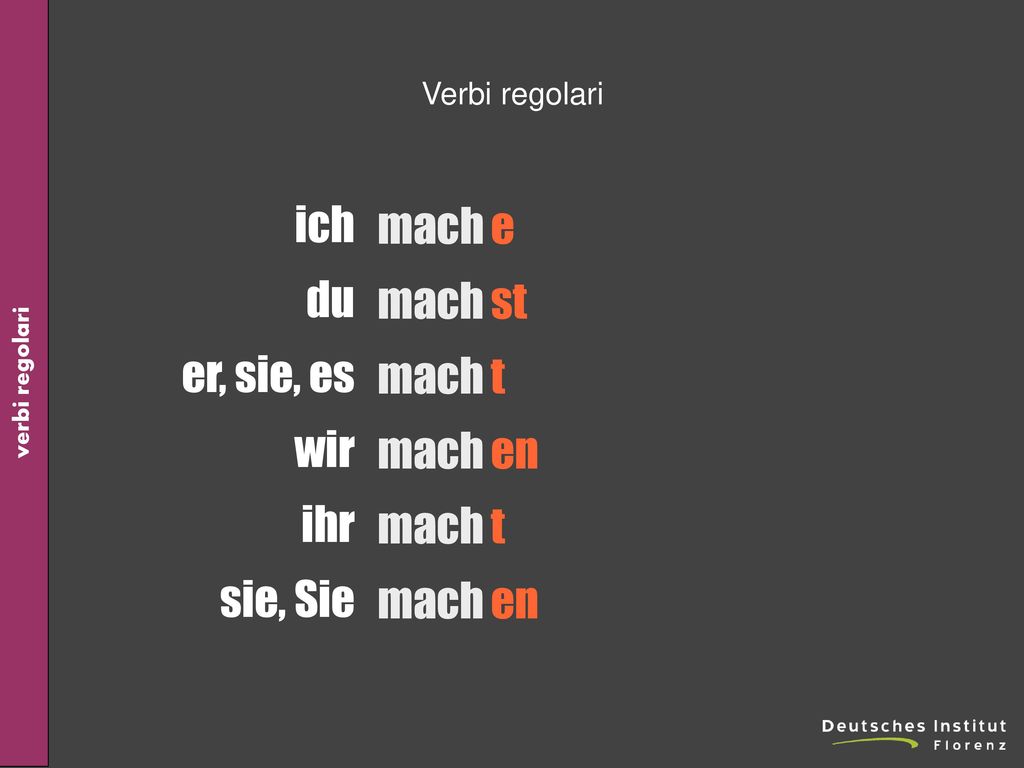 Verbi regolari ich du er, sie, es wir ihr sie, Sie mach e st t en