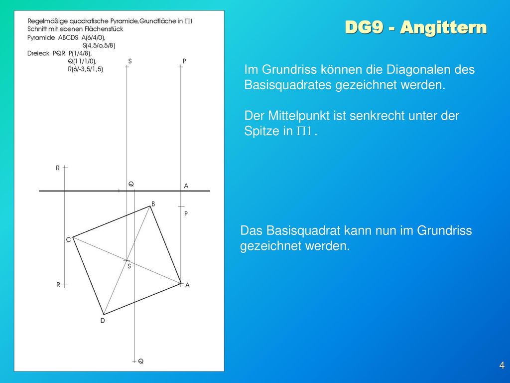 DG9 - Angittern Im Grundriss können die Diagonalen des Basisquadrates gezeichnet werden. Der Mittelpunkt ist senkrecht unter der Spitze in .