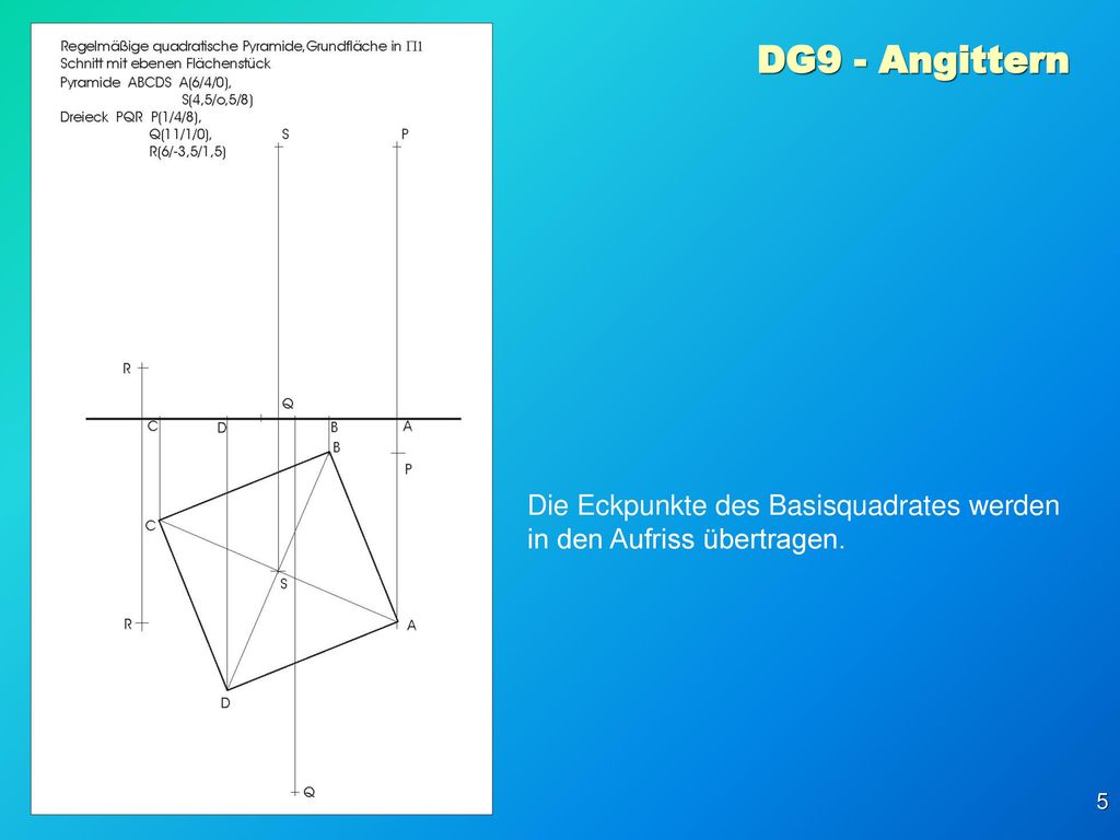 DG9 - Angittern Die Eckpunkte des Basisquadrates werden in den Aufriss übertragen.