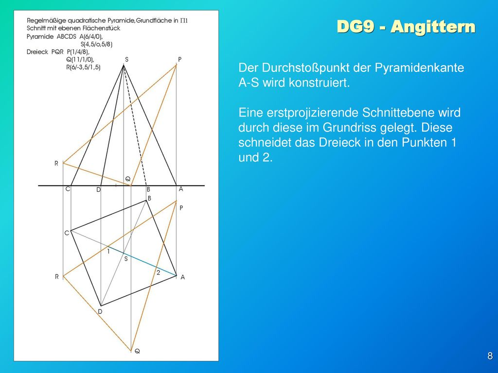 DG9 - Angittern Der Durchstoßpunkt der Pyramidenkante A-S wird konstruiert.