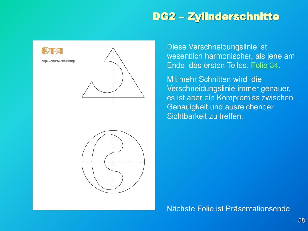 DG2 – Zylinderschnitte Diese Verschneidungslinie ist wesentlich harmonischer, als jene am Ende des ersten Teiles, Folie 34.