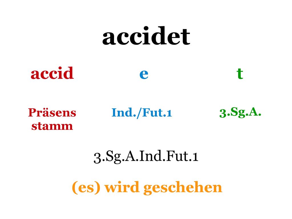 accidet accid e t 3.Sg.A.Ind.Fut.1 (es) wird geschehen Präsens stamm