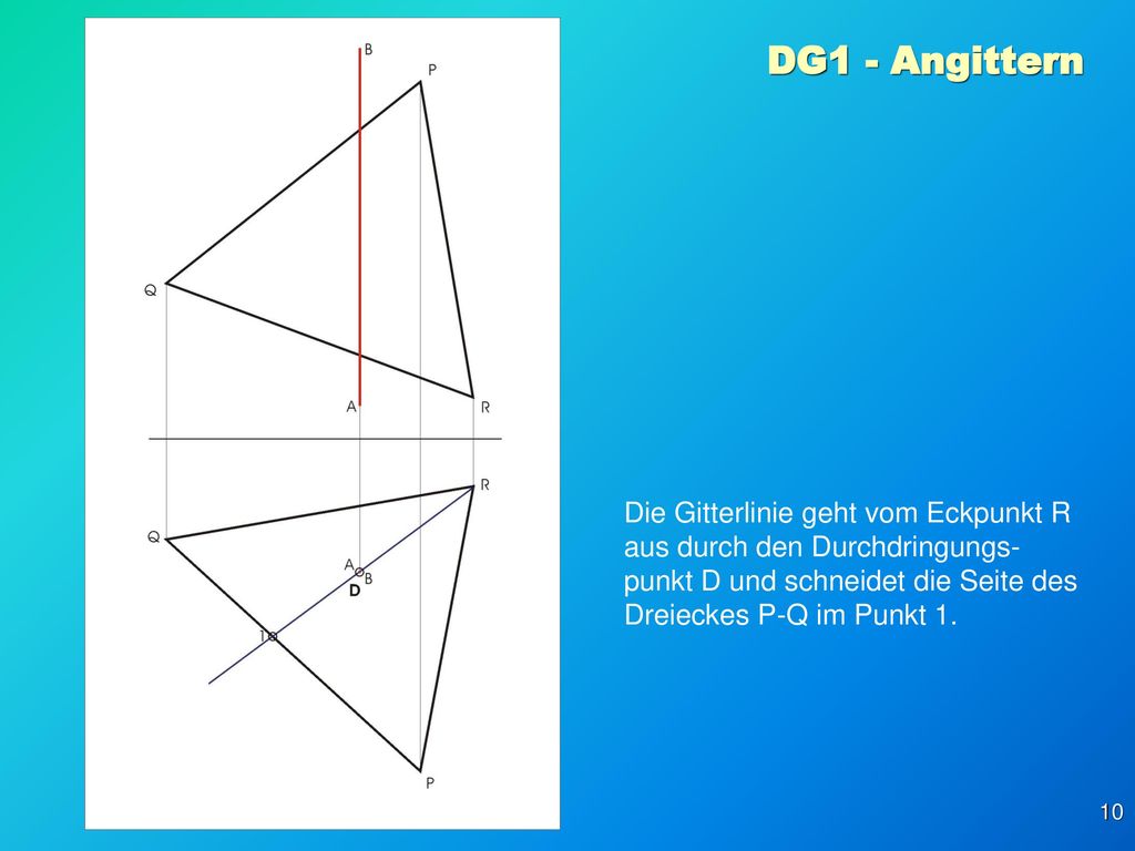 DG1 - Angittern Die Gitterlinie geht vom Eckpunkt R aus durch den Durchdringungs-punkt D und schneidet die Seite des Dreieckes P-Q im Punkt 1.