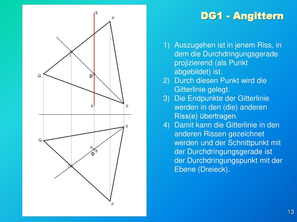 DG1 - Angittern Auszugehen ist in jenem Riss, in dem die Durchdringungsgerade projizierend (als Punkt abgebildet) ist.