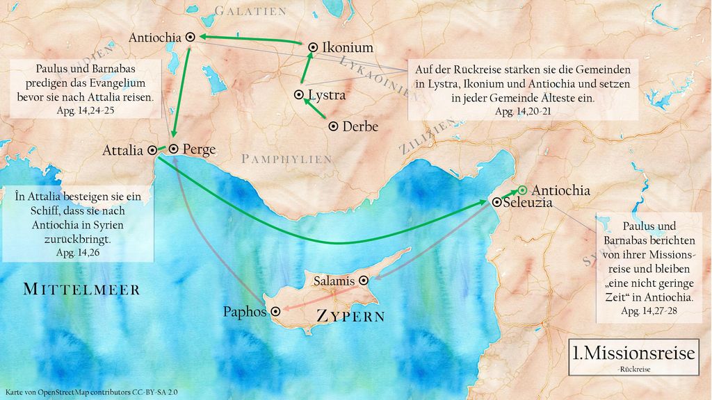 Attalia  Paphos  Antiochia   Ikonium  Lystra  Derbe  Perge