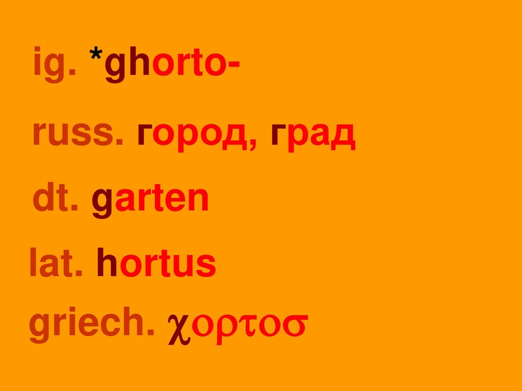 ig. *ghorto- russ. город, град dt. garten lat. hortus griech. cortos