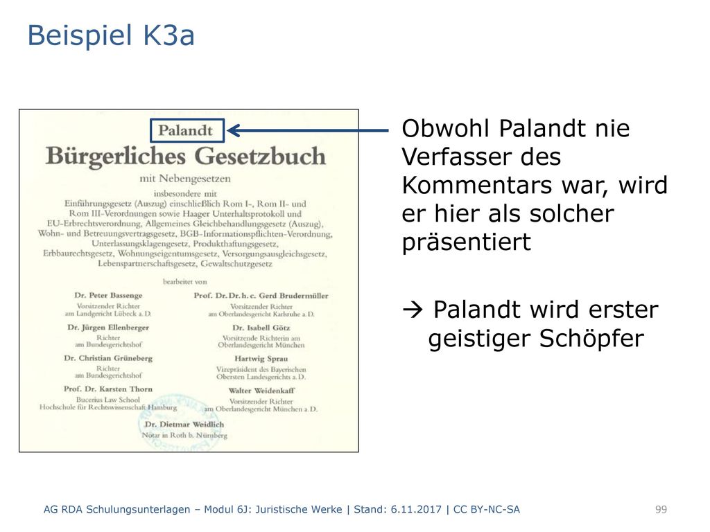 Beispiel K3a Obwohl Palandt nie Verfasser des Kommentars war, wird er hier als solcher präsentiert.