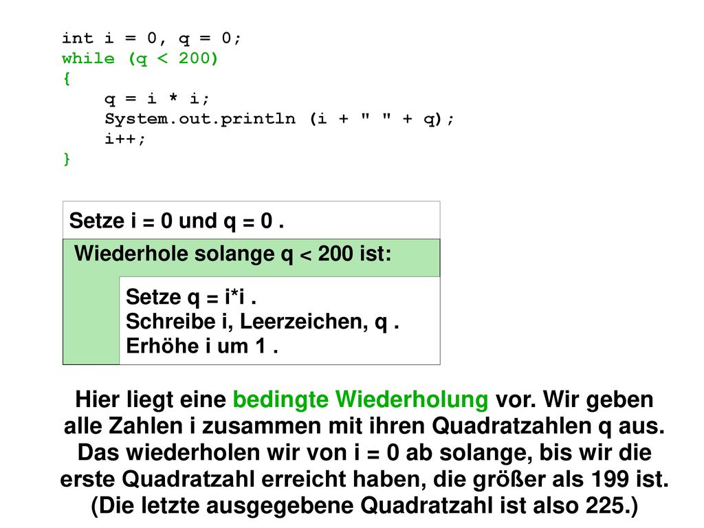 int i = 0, q = 0; while (q < 200) { q = i * i; System.out.println (i + + q); i++; } Setze i = 0 und q = 0 .