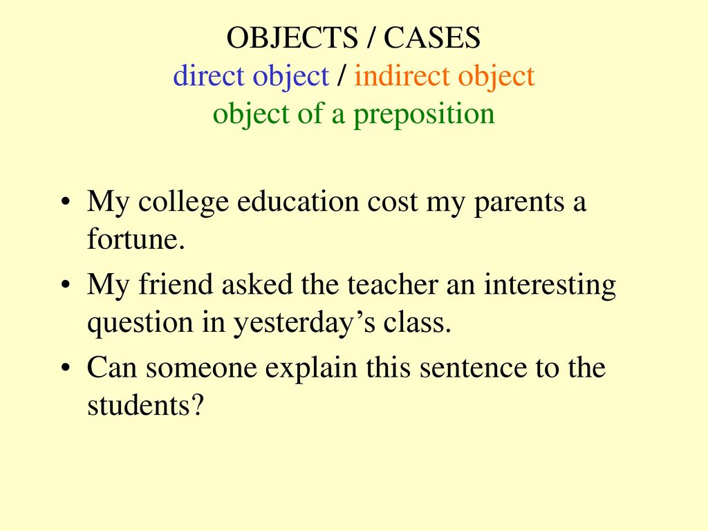 OBJECTS / CASES direct object / indirect object object of a preposition