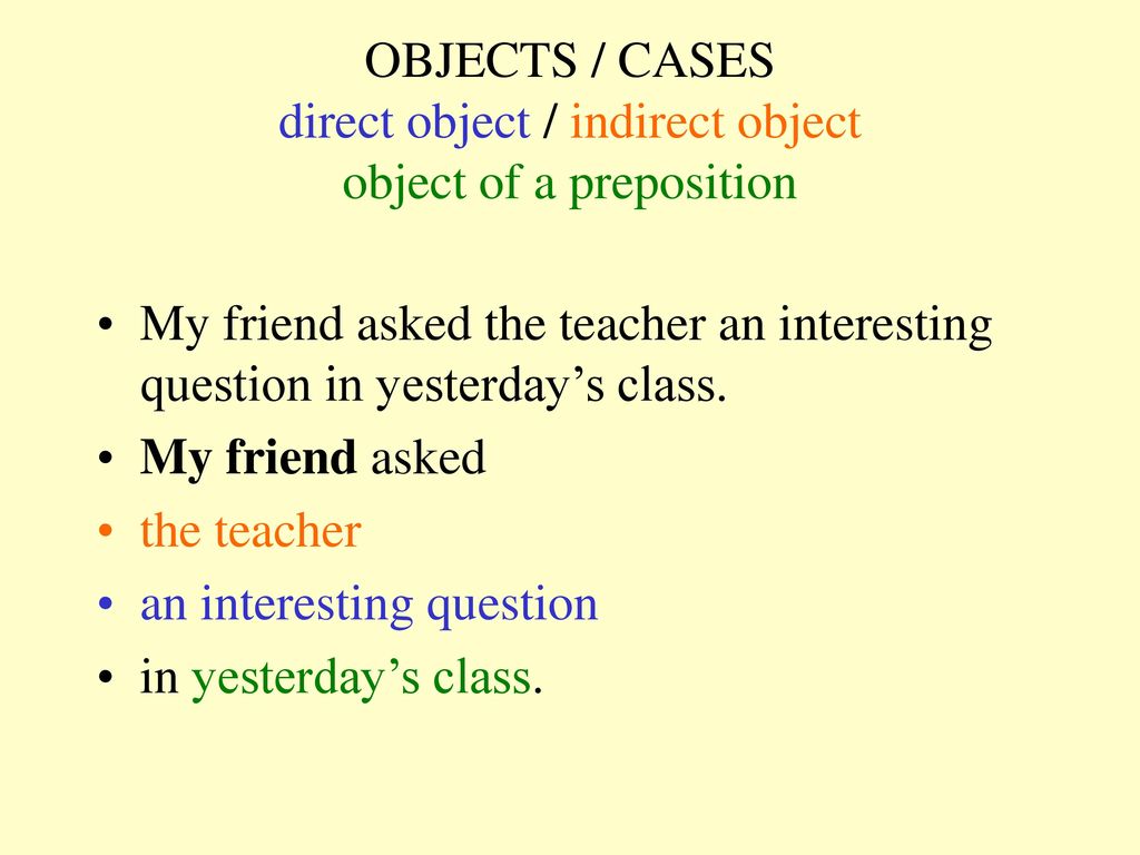 OBJECTS / CASES direct object / indirect object object of a preposition