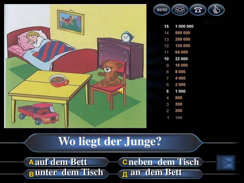 Wo liegt der Junge auf dem Bett neben dem Tisch unter dem Tisch