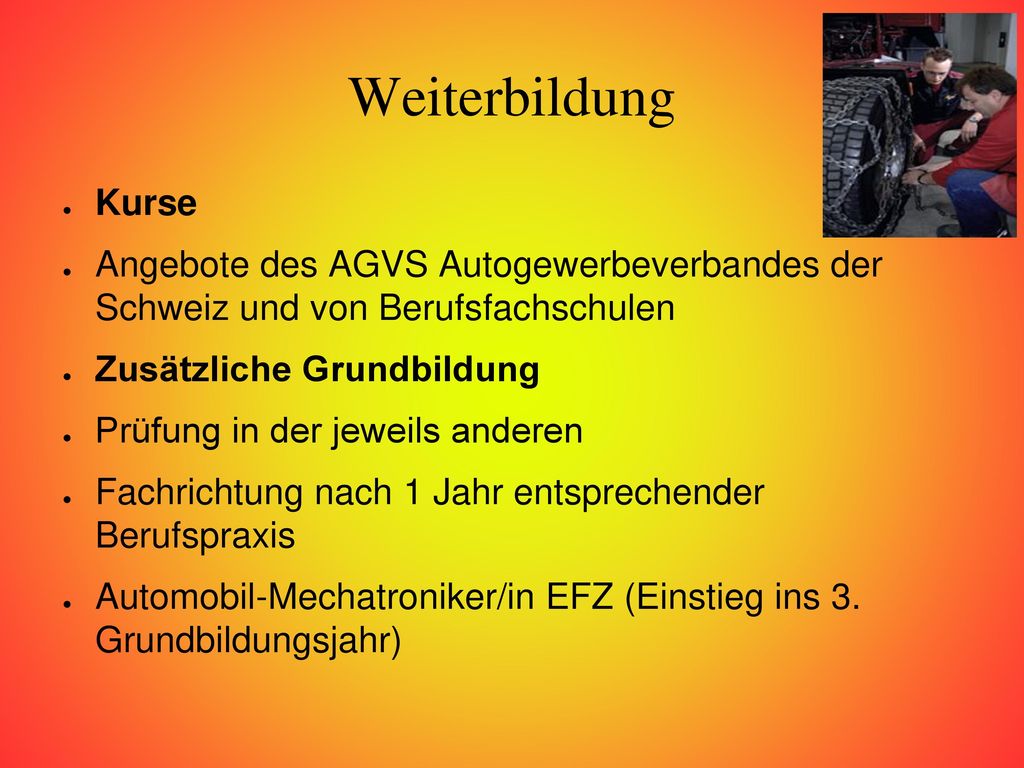 Weiterbildung Kurse. Angebote des AGVS Autogewerbeverbandes der Schweiz und von Berufsfachschulen.