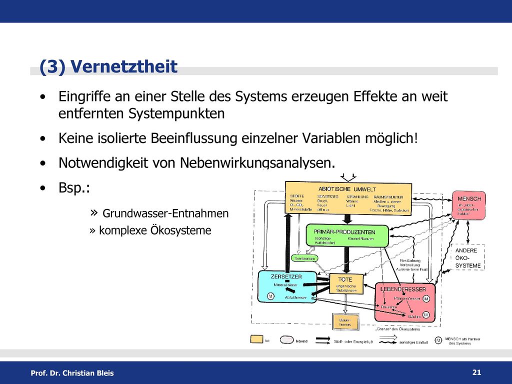 (3) Vernetztheit Eingriffe an einer Stelle des Systems erzeugen Effekte an weit entfernten Systempunkten.