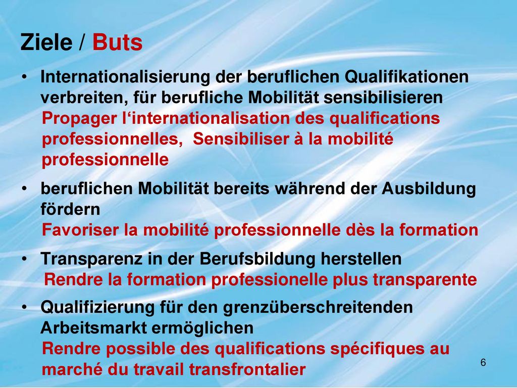 Ziele / Buts Internationalisierung der beruflichen Qualifikationen verbreiten, für berufliche Mobilität sensibilisieren.