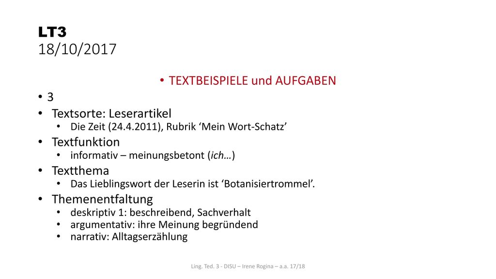 LT3 18/10/2017 TEXTBEISPIELE und AUFGABEN 3 Textsorte: Leserartikel