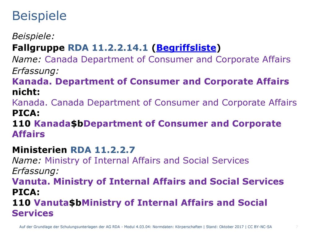 Beispiele Beispiele: Fallgruppe RDA (Begriffsliste)